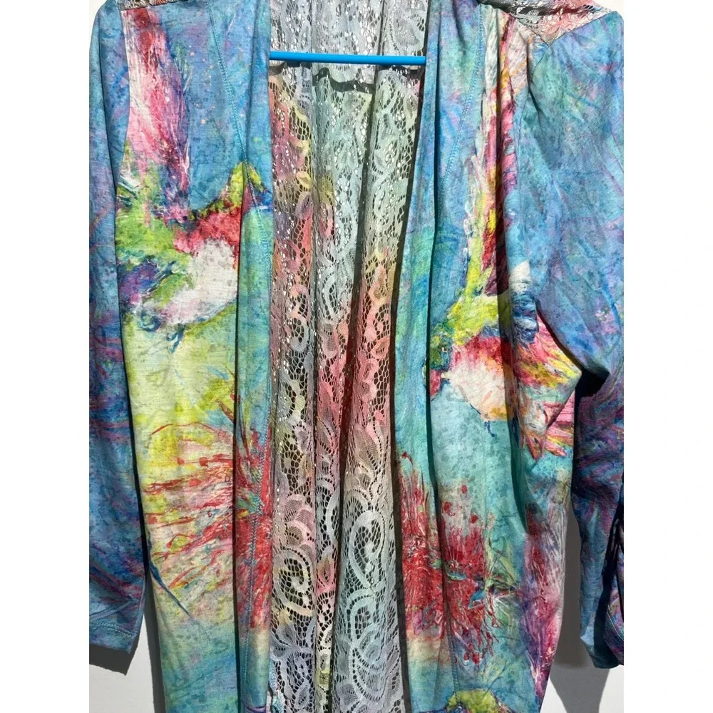 Romance Lovegrl Hummingbird Floral Lace‎ Back Open Front Cardigan Multi Color L